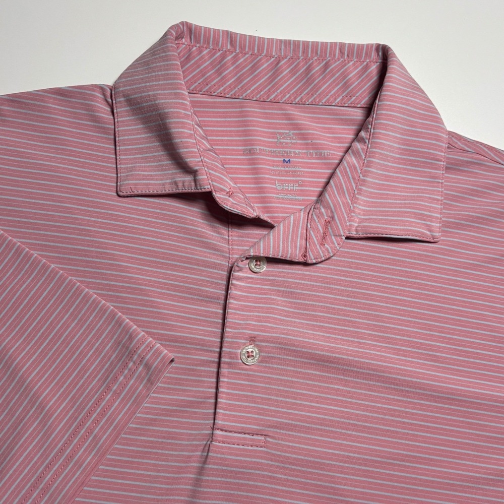 Southern Tide Performance Polo Men's Medium Shirt Pink Blue Striped Golf Polo